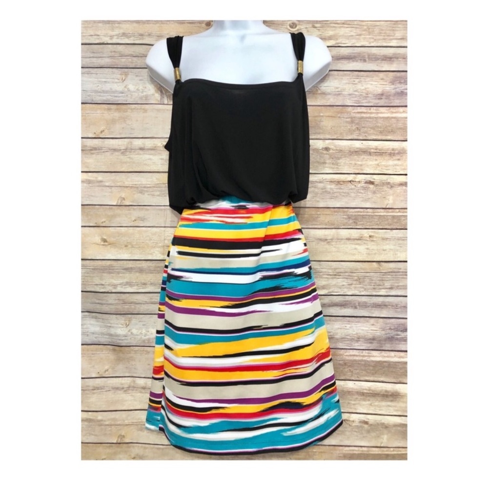 MIRACLESUIT Shapewear Striped Mini Dress Sz 8 Black Multicolor Travel Beach